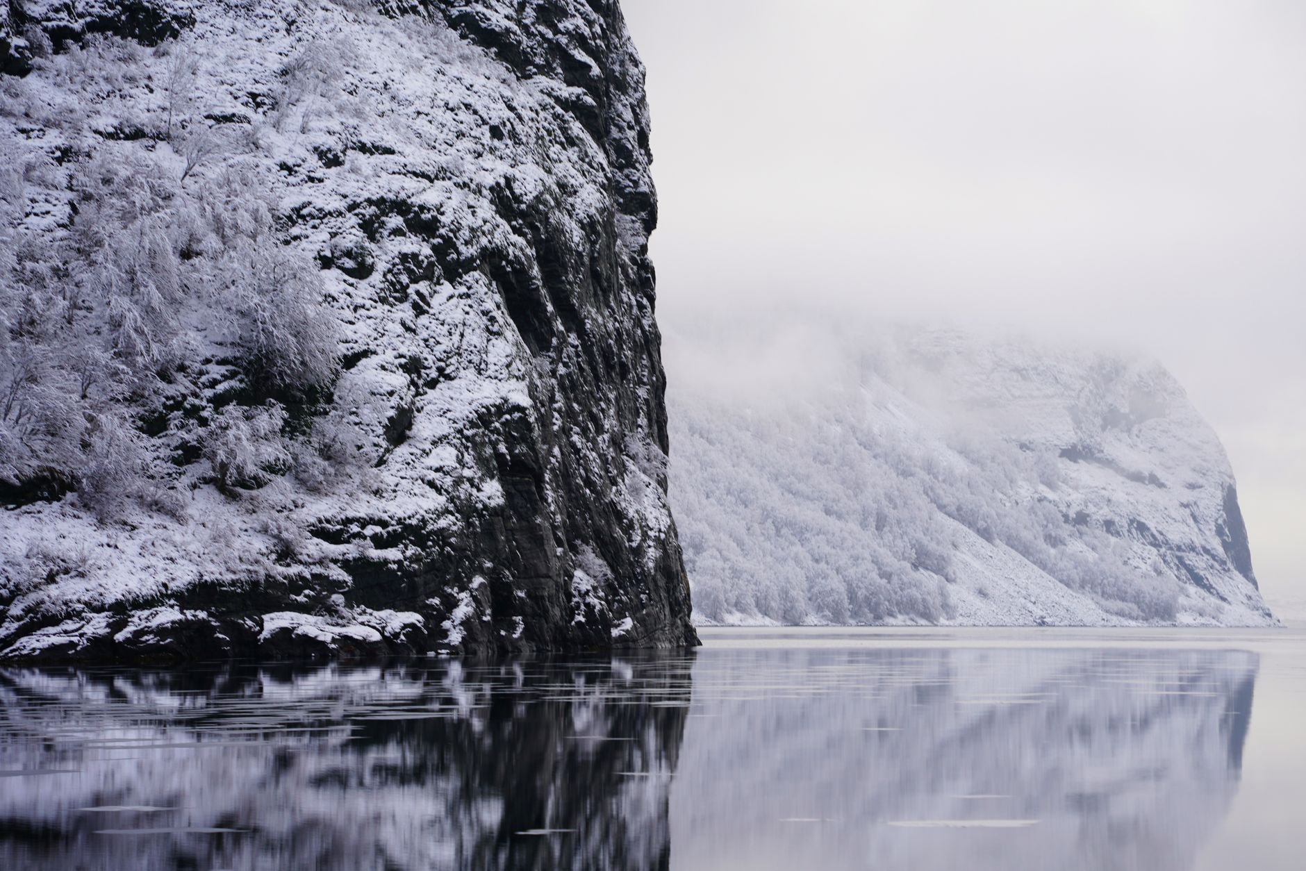 Misty water reflection in fjord